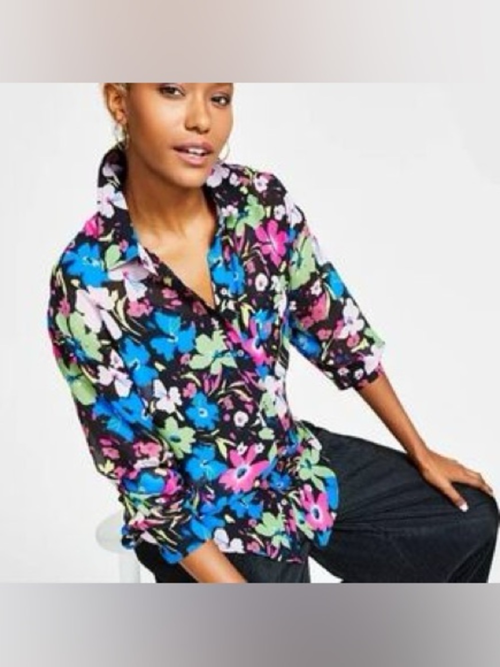 Bar III Black Floral Button-Up Blouse with Blue, Pink & Green Blooms